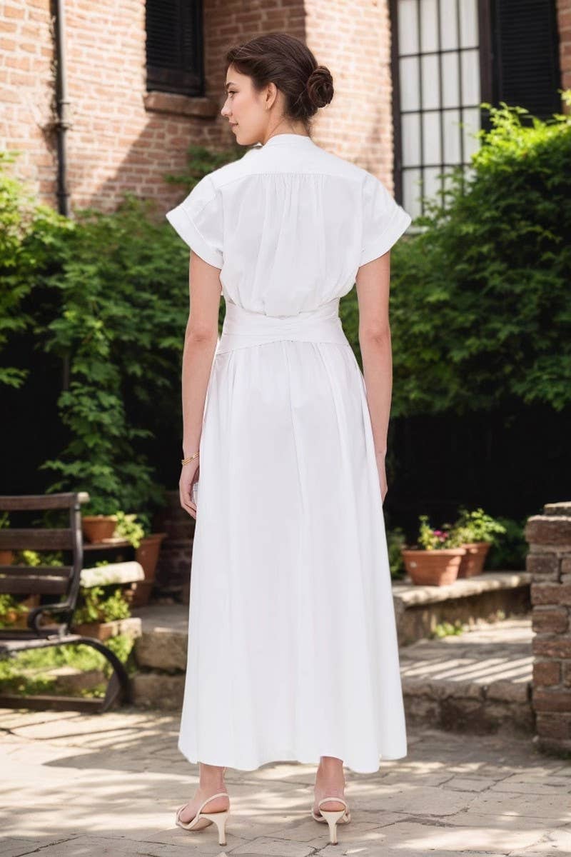 CWDMD6357_STAND COLLAR METALLIC BELTED WAIST TIE MAXI DRESS