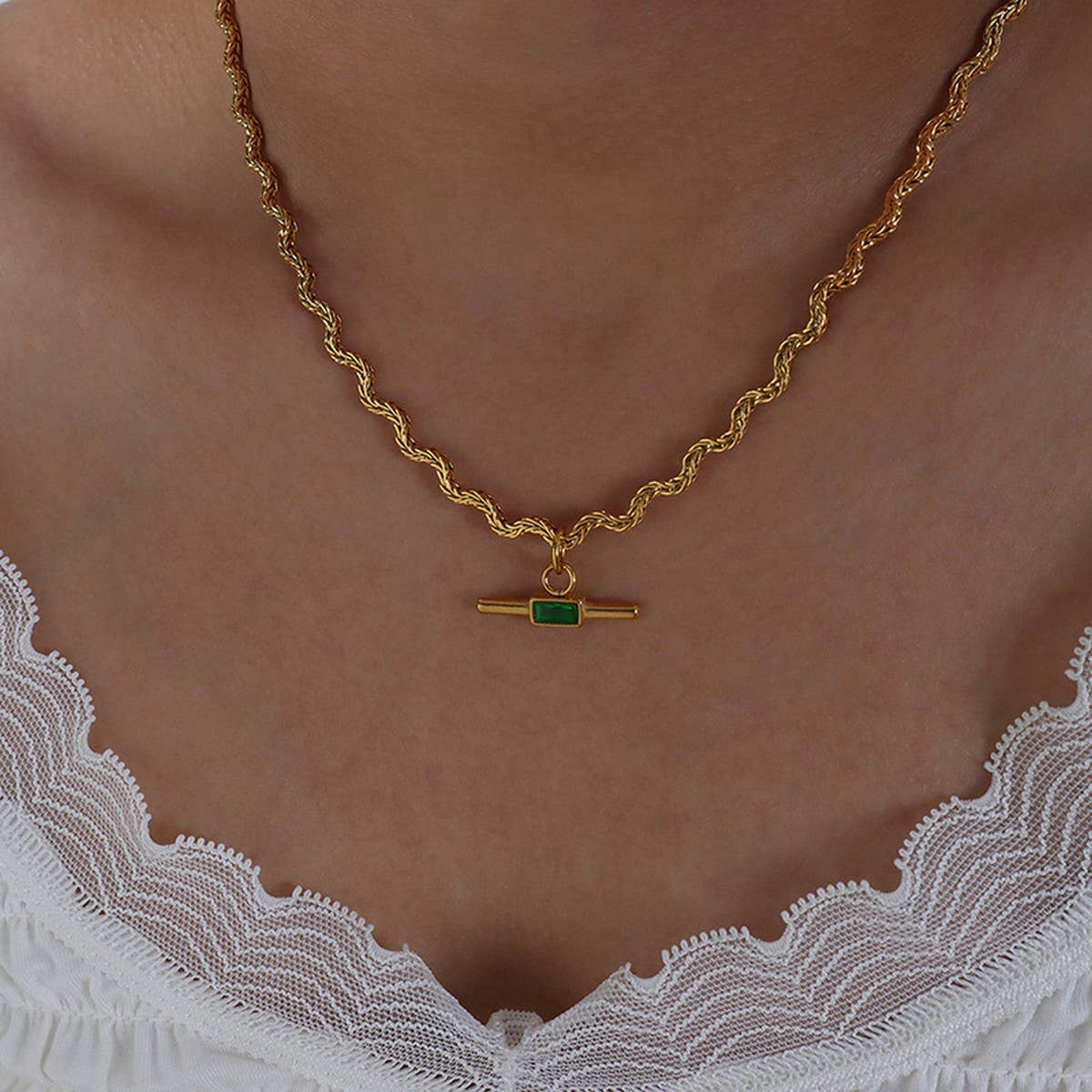 SIMPLE GLASS STONE TITANIUM STEEL PENDANT NECKLACE_CWAJE1076