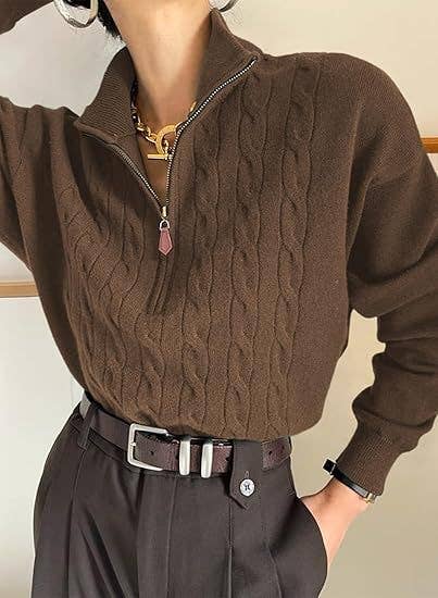 Semi-high neck zipper ribbed twist knit sweater