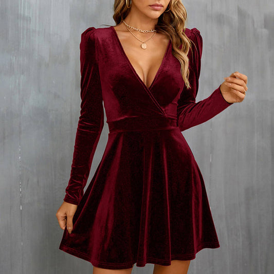 V-NECK WAISTLINE A-LINE LONG-SLEEVED VELVET DRESS