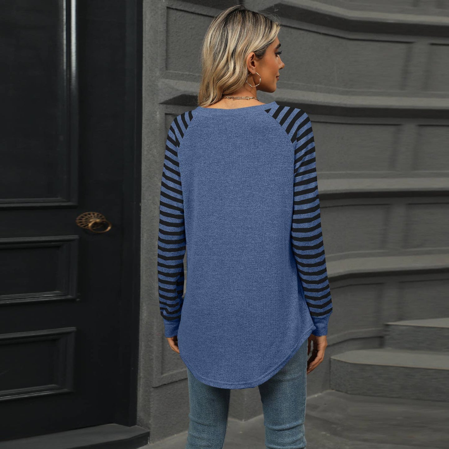 STRIPED PATCHWORK CREW NECK LONG SLEEVE T-SHIRT