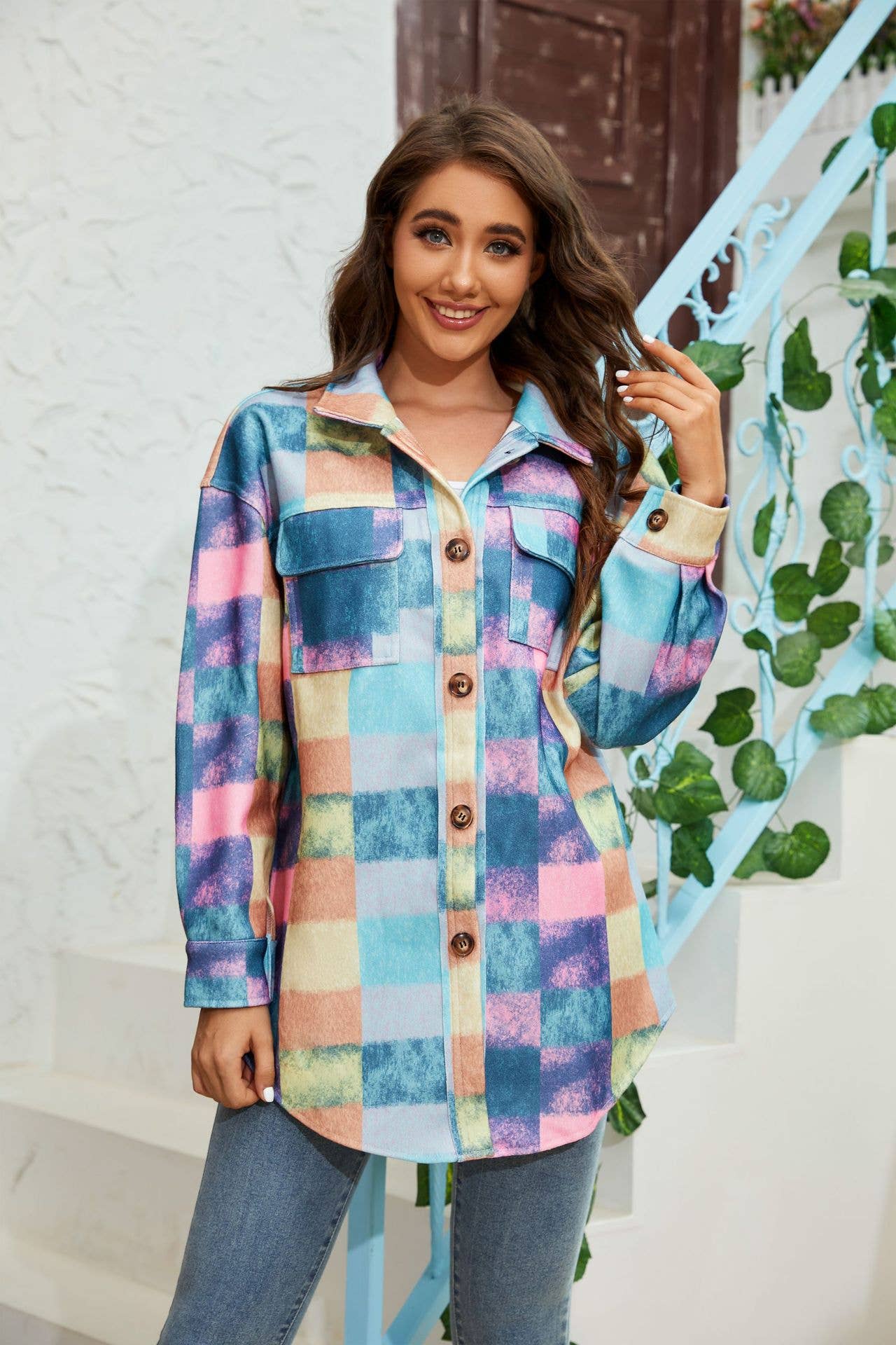 Tweed color-blocked fashionable shirt jacket