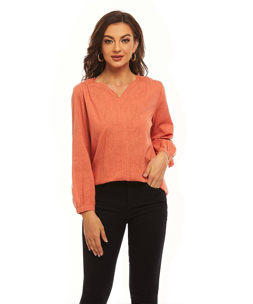 SOLID COLOR V-NECK COTTON LINEN LOOSE CASUAL TOP