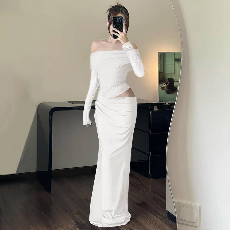 A one-shoulder mesh tulle patchwork cutout dress