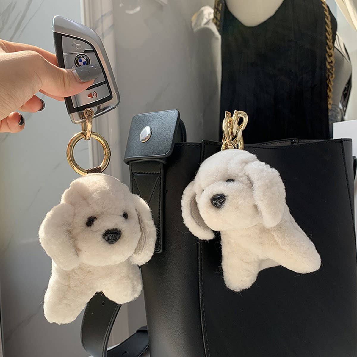 NEW CUTE FUR PENDANT LITTLE WHITE DOG KEYCHAIN