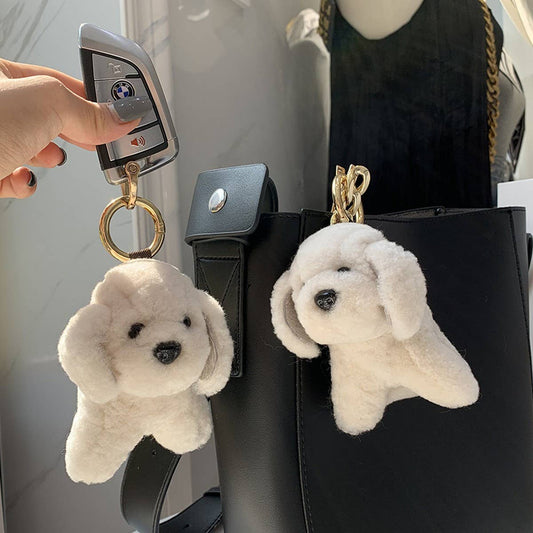 NEW CUTE FUR PENDANT LITTLE WHITE DOG KEYCHAIN