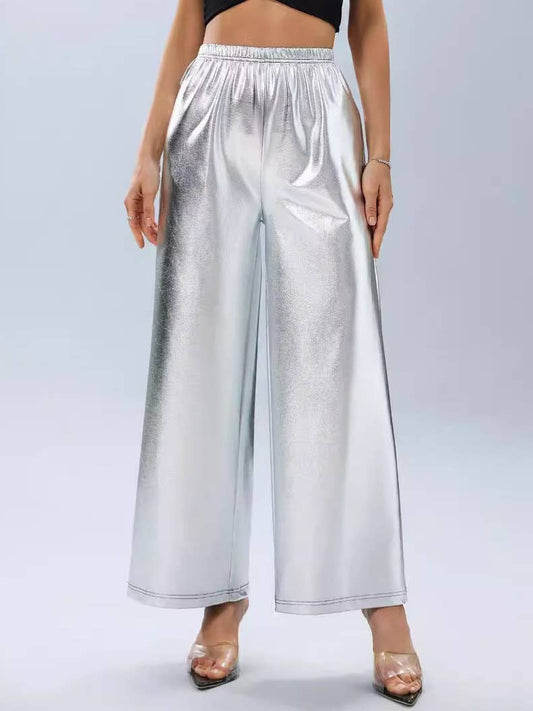 PRESSED SILVER LOOSE HIGH-WAISTED CASUAL PANTS