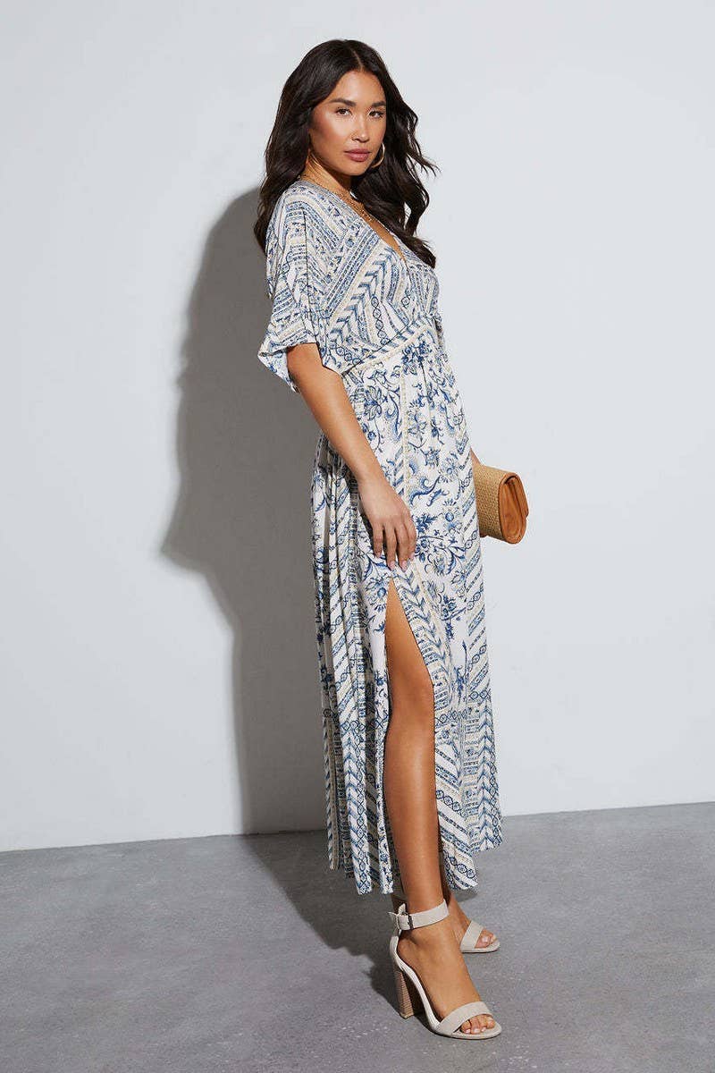 CWDMD5517_FLORAL V NECK SHORT SLEEVE MAXI DRESS