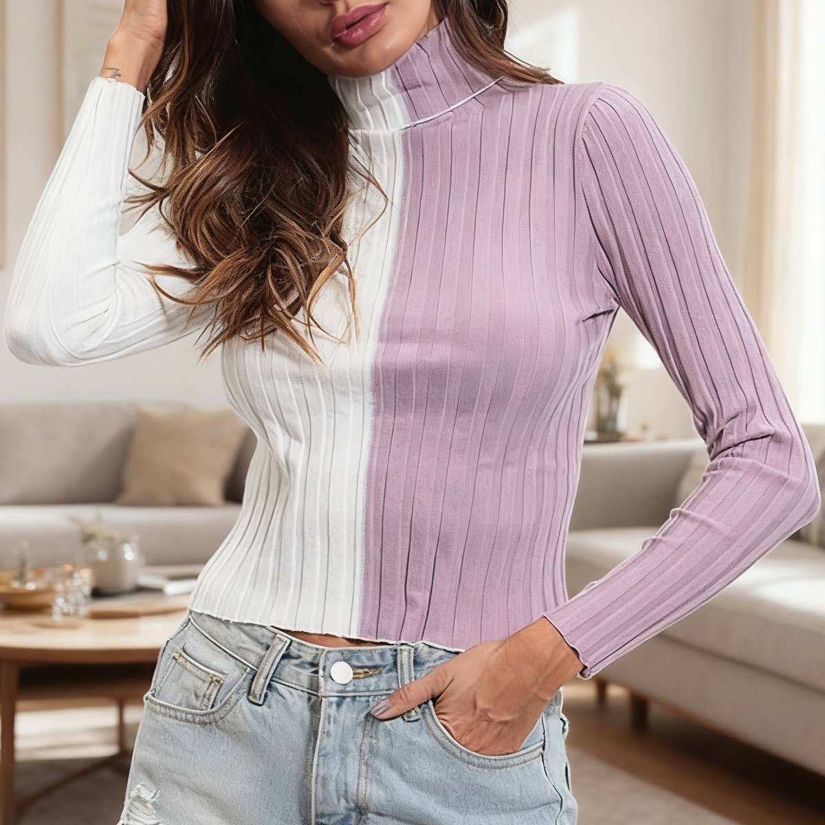 Long sleeve high-neck color-blocked knit sweater