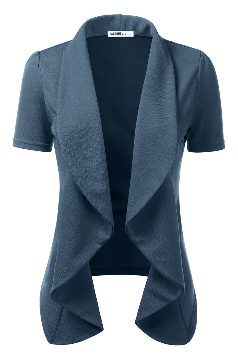 CWOBL095-P_Short Sleeve Open Front Draped Ruffles Blouses