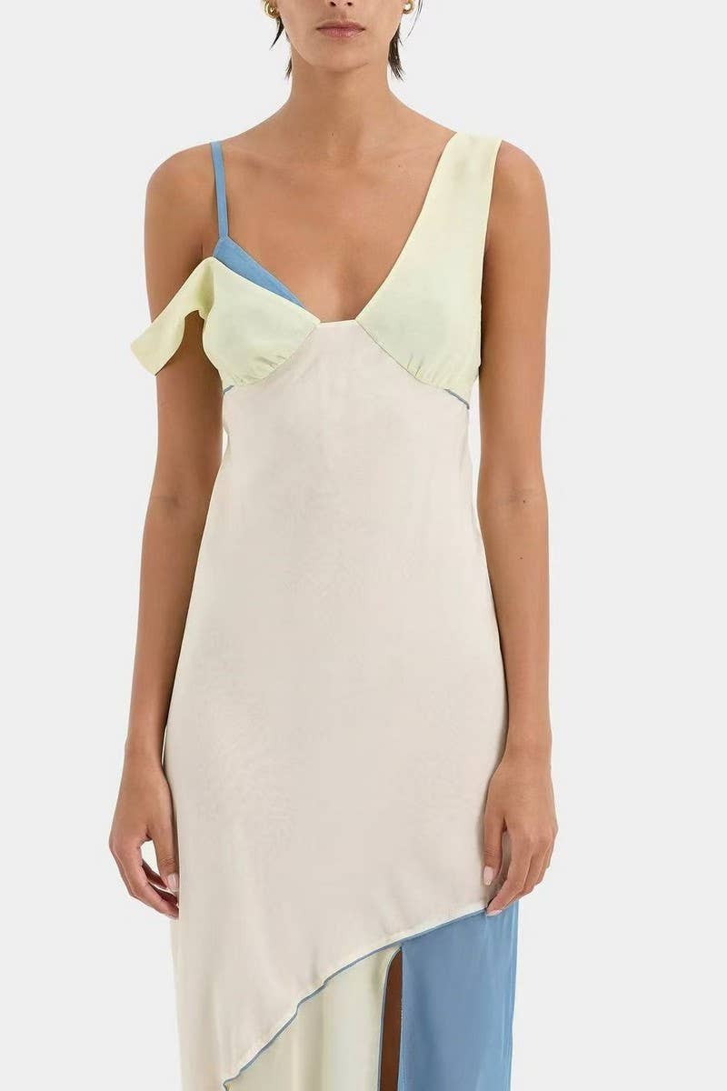 CWDMD6072_V-NECK COLORBLOCK CAMI SEXY SLIT DRESS