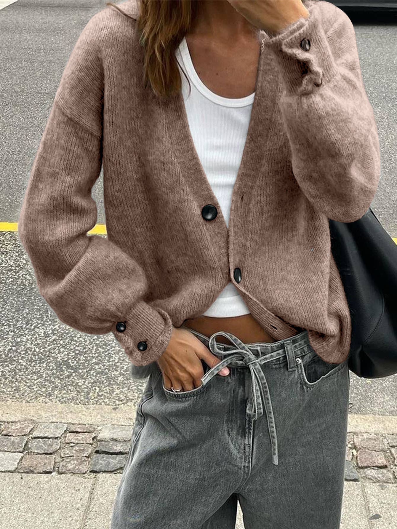 Simple button solid-color long-sleeved sweater