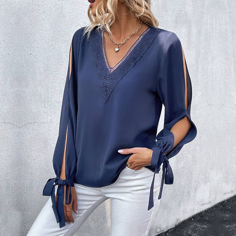 V-NECK SOLID COLOR CUTOUT LACE-UP SHIRT
