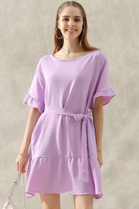 CWDSD10405_WAIST BOW TIE MIDI RUFFLE SHORT MIDI DRESS