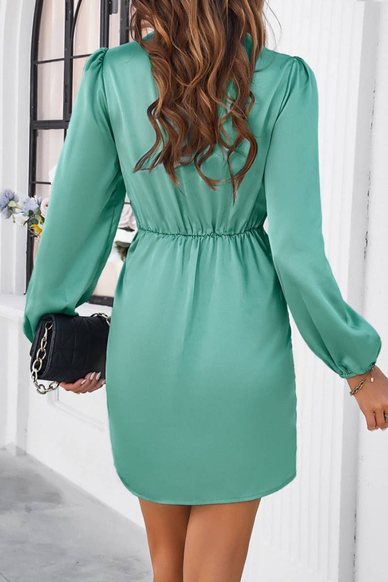 CWDSD6008_FALL V-NECK LONG SLEEVE PUFFED SLEEVE DRESS SHORT
