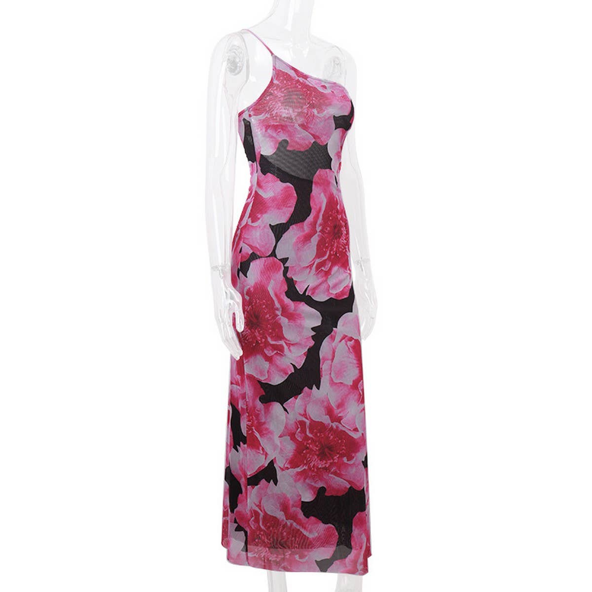 Vintage print slim-fit one-shoulder halter dress