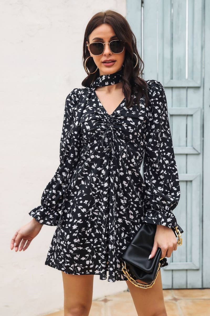 CWDSD6434_DRAWSTRING V-NECK DRESS WITH FLARED SLEEVES SHORT