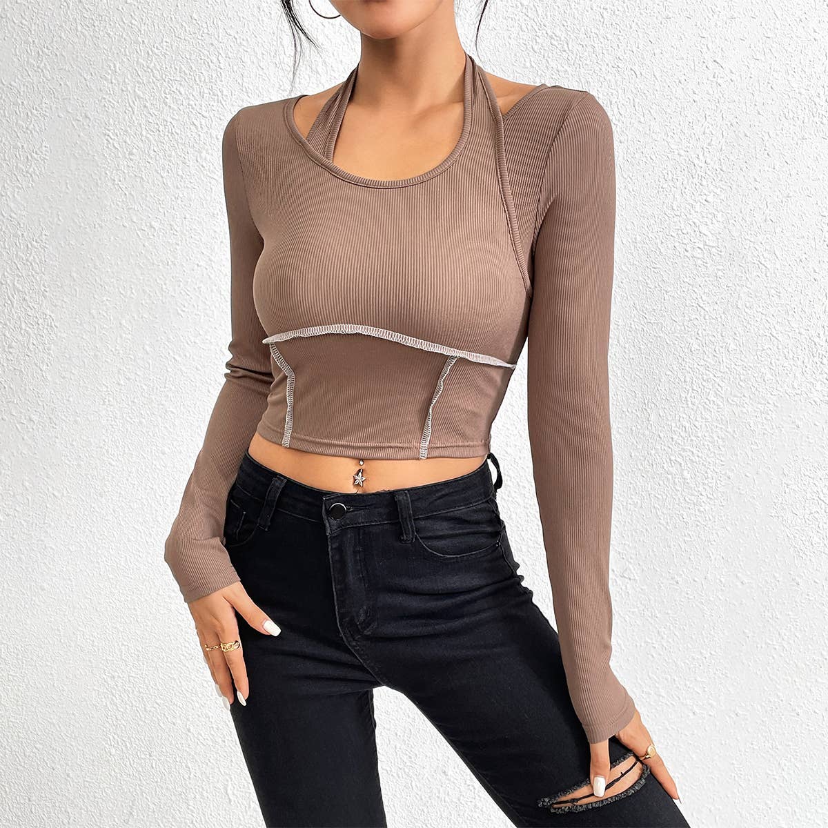 SLIM KNIT LONG-SLEEVED HALTER T-SHIRT