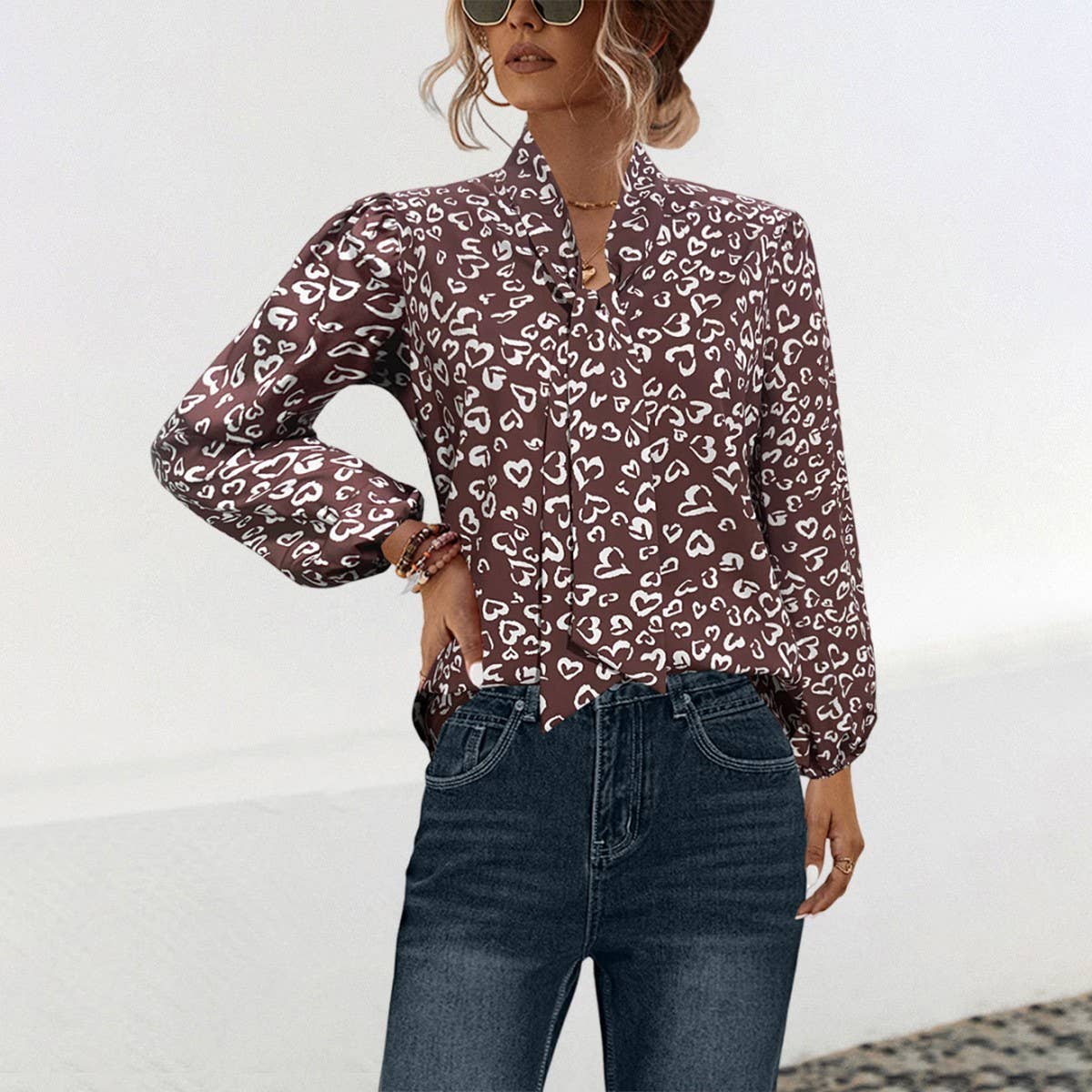 Lantern sleeve V-neck lace-up vintage shirt