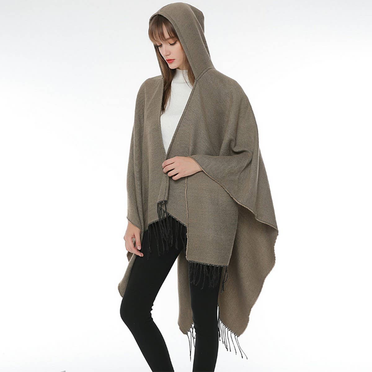 SOLID COLOR FRINGED HOODED BLANKET SHAWL CLOAK_CWASC0314