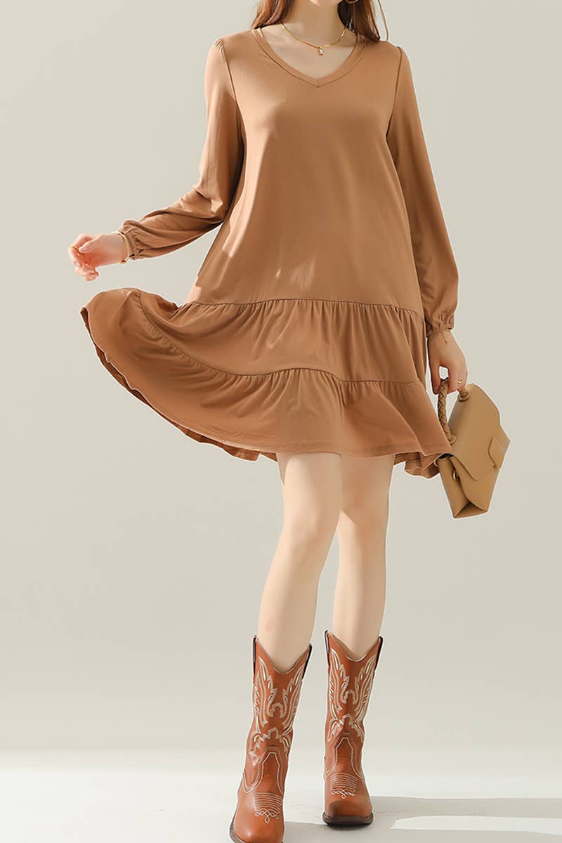 CWDSD10356_LONG SLEEVE SHIRRING LAYERED HEM MINI DRESS