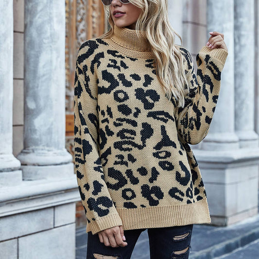 LEOPARD PRINT SWEATER LOOSE TURTLENECK SWEATER