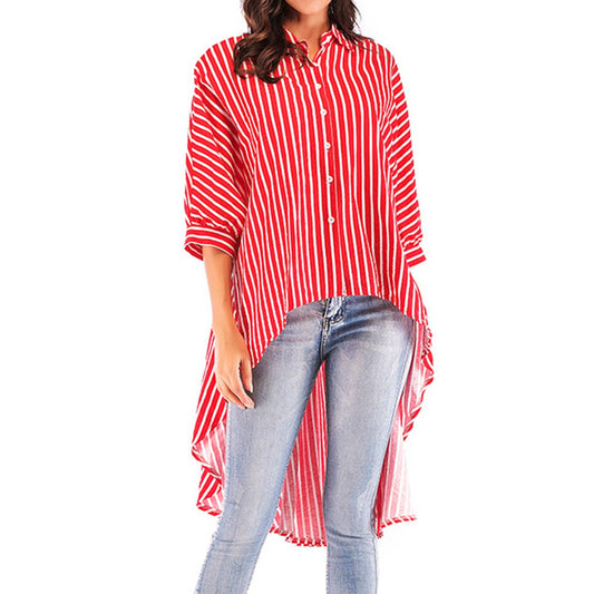 BAT-SLEEVED LOOSE DOVETAIL TREND STRIPED SHIRT