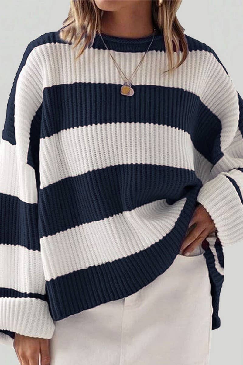 CWOSWL07625_RETRO COLORBLOCK STRIPED LOOSE KNIT SWEATER
