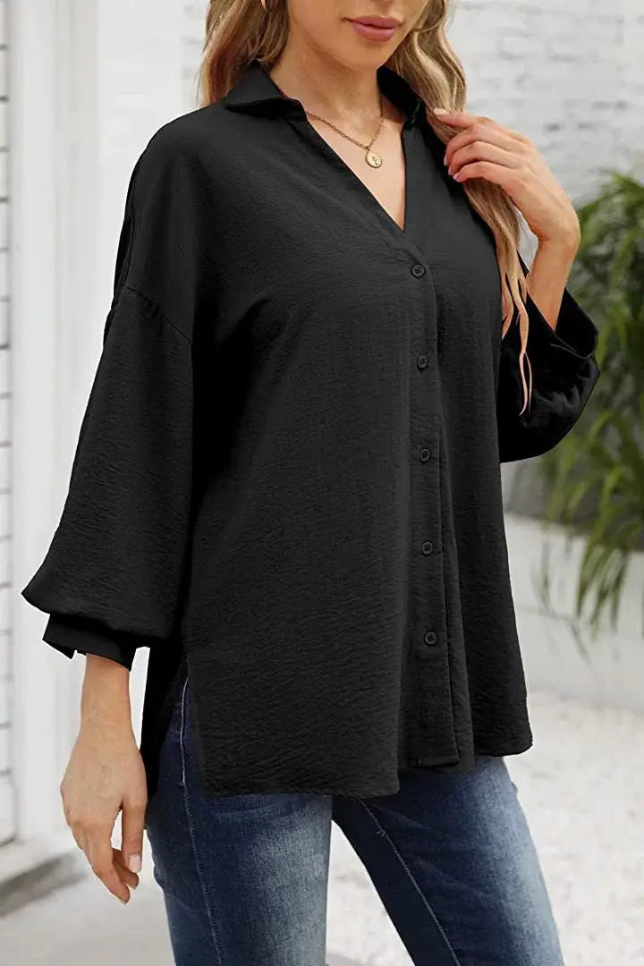 LANTERN SLEEVE BUTTON V-NECK CHIFFON CASUAL SHIRT