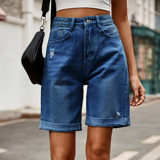 Casual ripped rolled straight quarter jean shorts