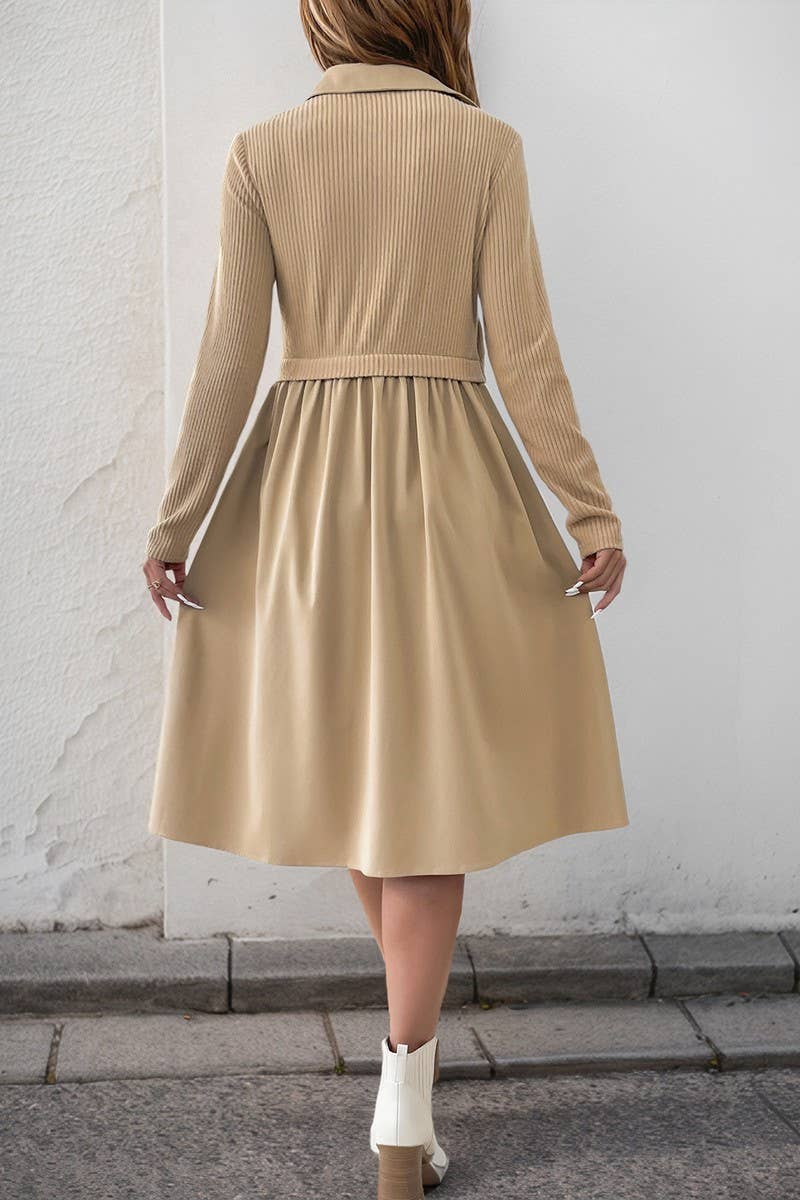 CWDMD4820_SOLID COLOR LAPEL LONG SLEEVE FAKE TWO PIECE DRESS