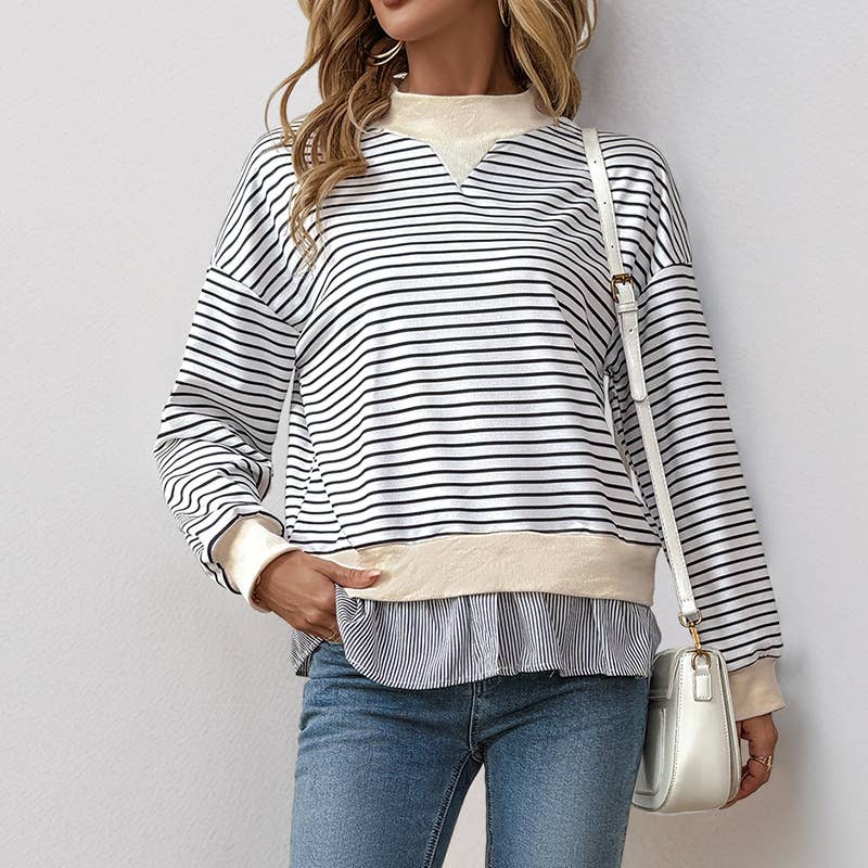 Round-neck striped patchwork fake two-piece top