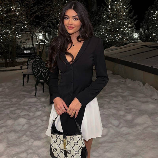 THIN COLOR MATCHING A-LINE V-NECK SHORT DRESS