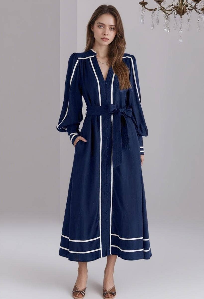 CWDMD6377_VINTAGE STRIPED V-NECK TIE WAIST MAXI DRESS