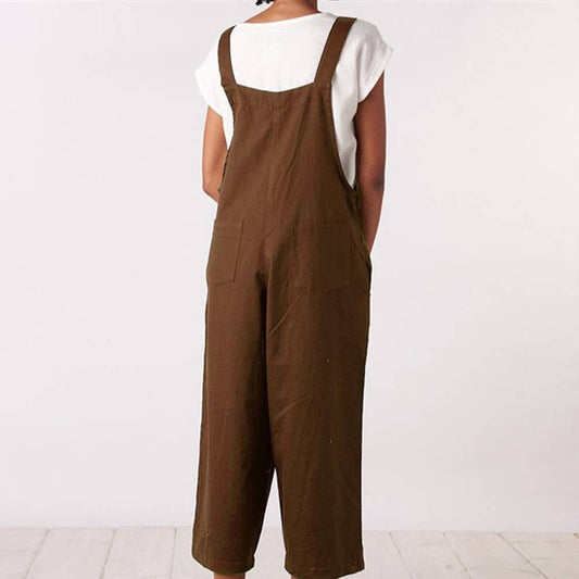 Solid color casual nine-minute wide-leg overalls
