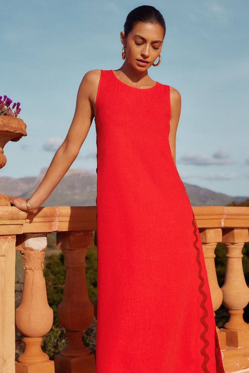 CWDMD5551_SOLID SLEEVELESS LACE PANEL SLIT MIDI DRESS