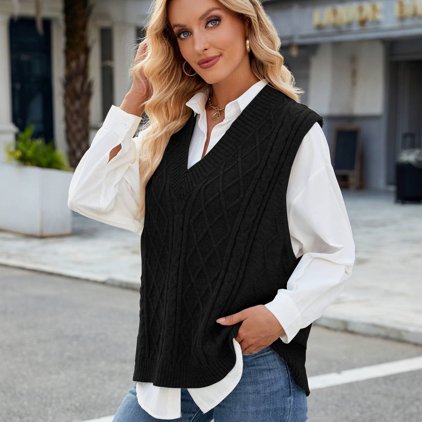 V-NECK LOOSE OUTSIDE VEST SOLID COLOR VEST
