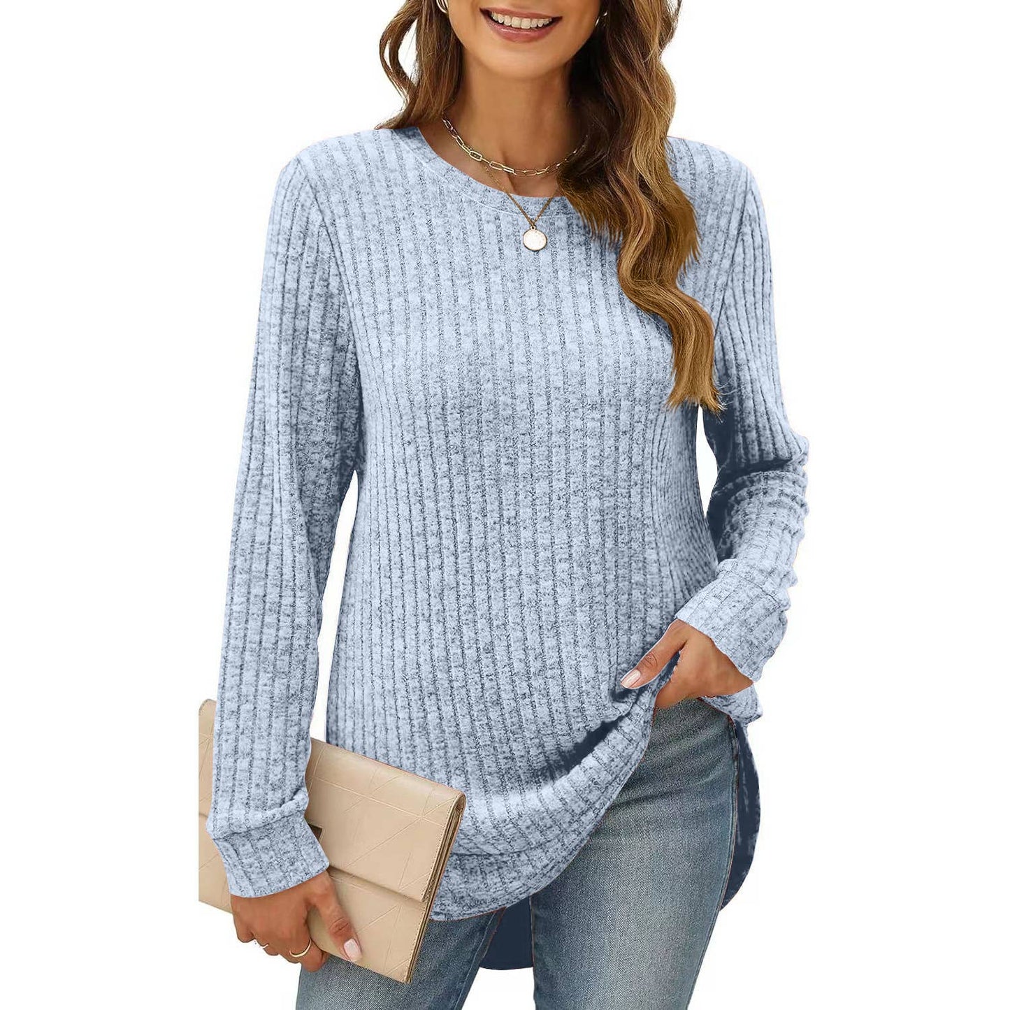 SOLID COLOR ROUND NECK LONG SLEEVE BRUSHED SHIRT