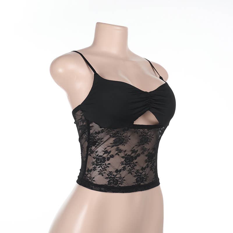 Sexy perforated lace patchwork top