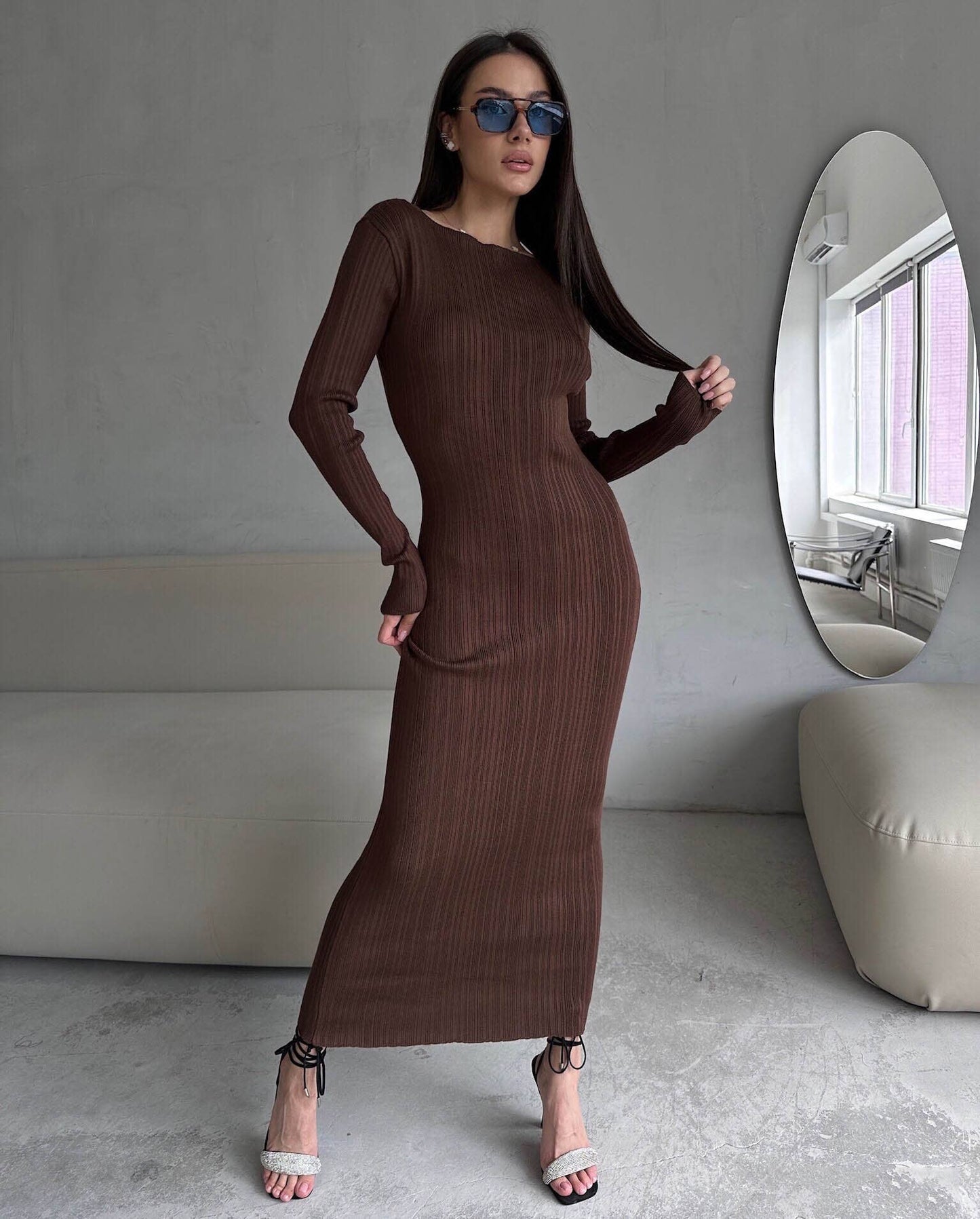 SOLID COLOR ROUND NECK PIT STRIP SLIMMING DRESS