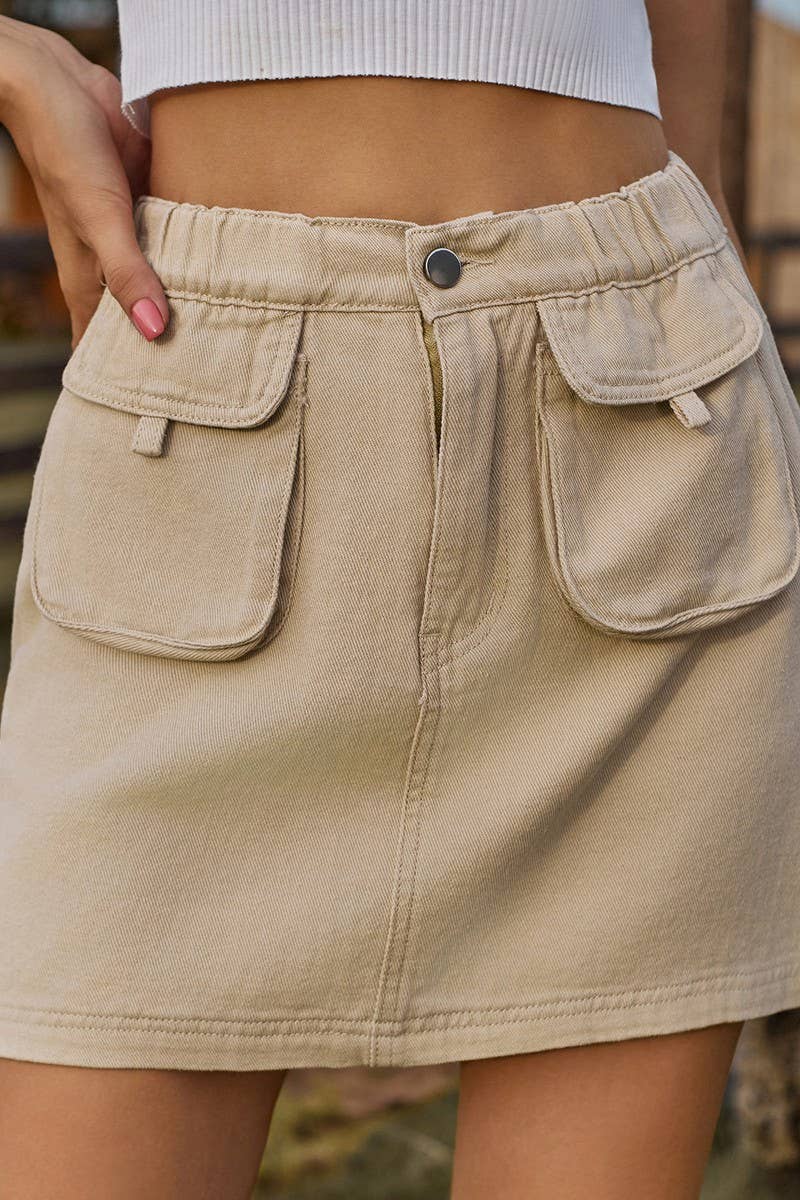 CWJSK00233_WASHED ELASTIC WAIST DENIM MINI SKIRT