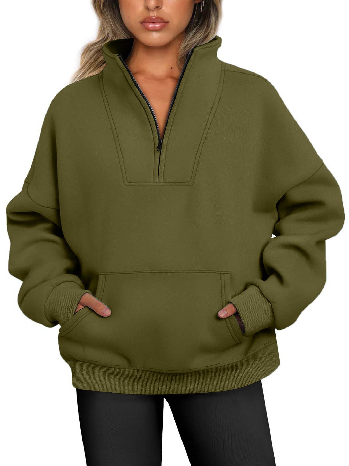 ZIPPER LOOSE STAND COLLAR SOLID COLOR HOODIE