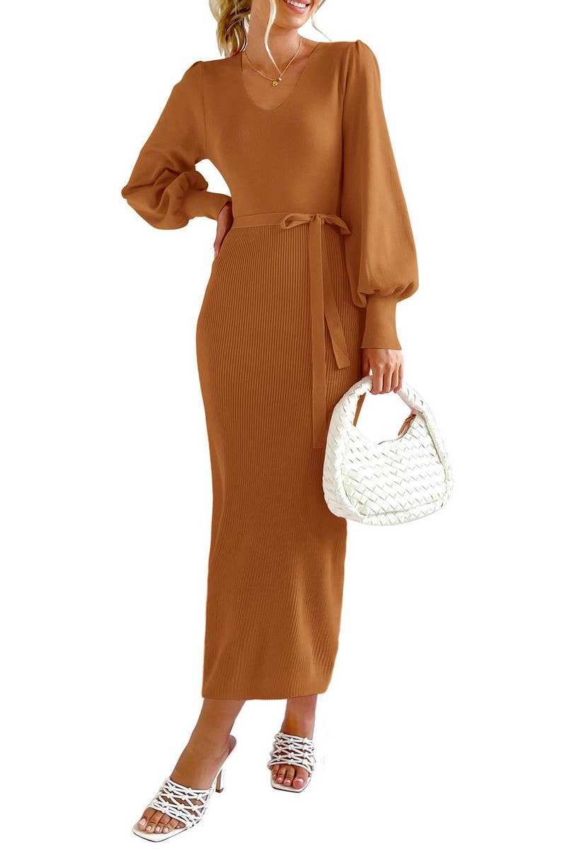 Lantern sleeve slim slim long solid color knit dress