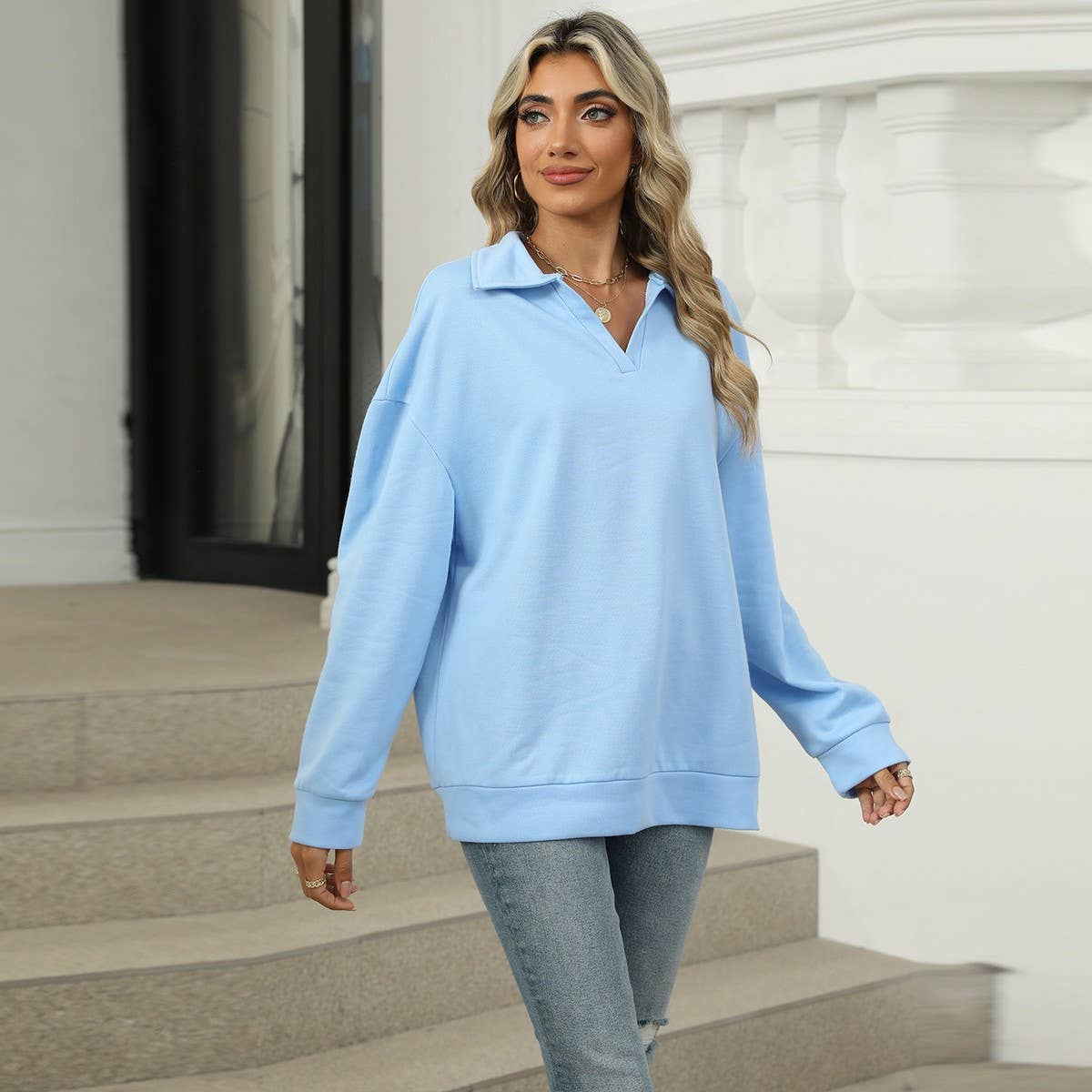 Solid color lapel baggy long-sleeved hoodie