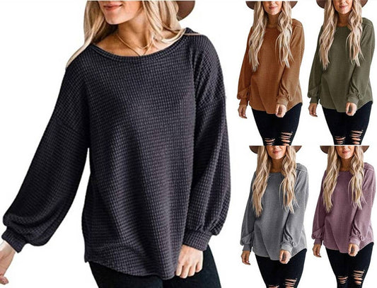 Cwttl1206_Long Sleeve Round Neck Knitted Loose Pullover Top
