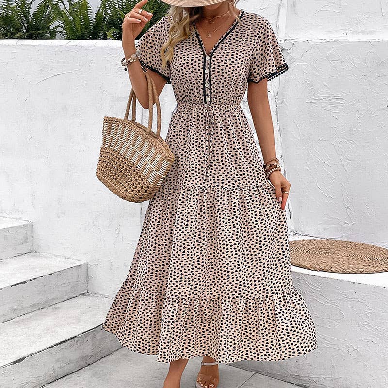 SHORT SLEEVE LEOPARD PRINT MID-LENGTH DRESS