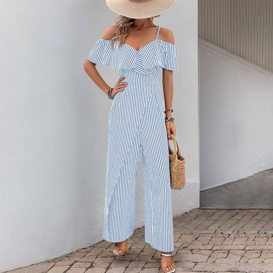 Long, wide-leg rompers with striped straps
