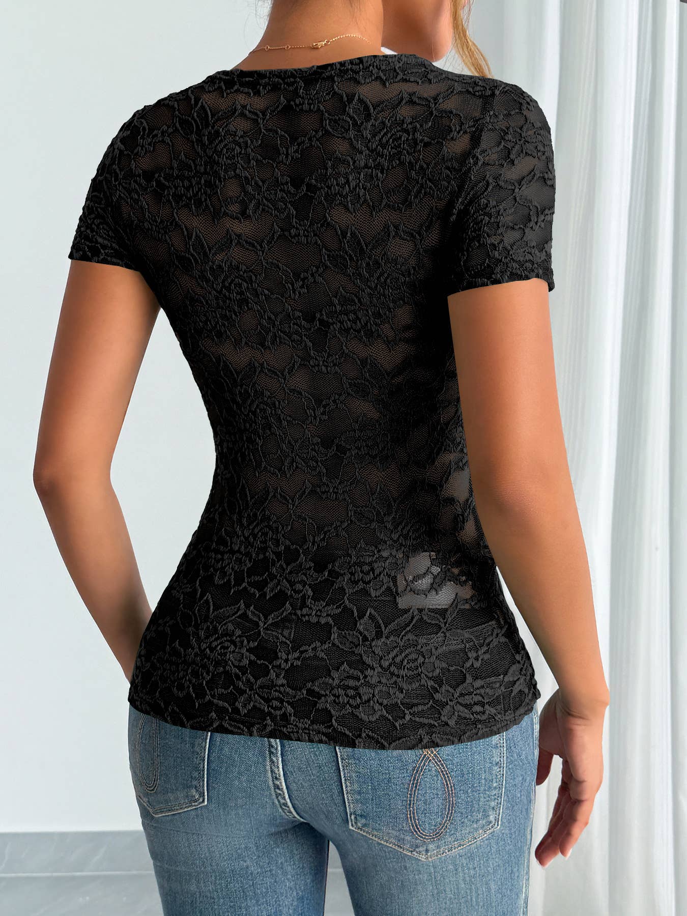 Solid-color lace V-neck short sleeve lace T-shirt