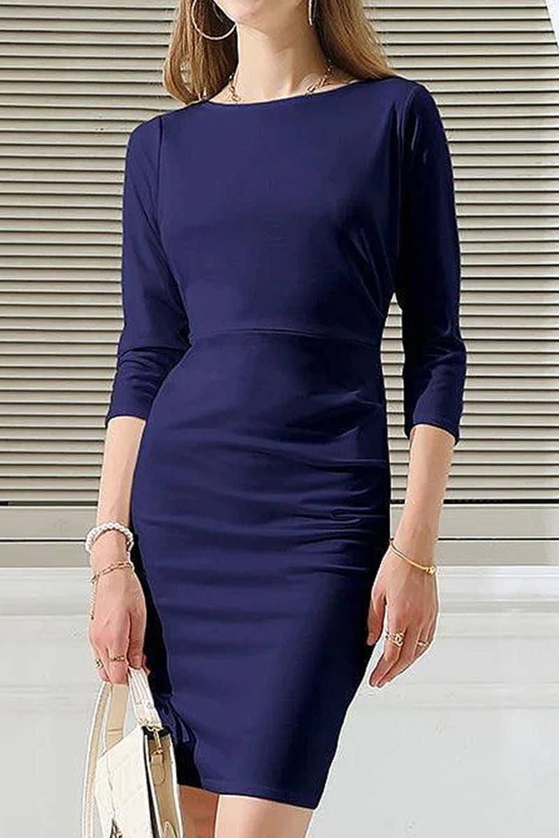 WOMEN SOLID COLOR BACK SPLIT DRESS_CWDMD788