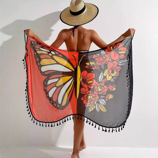 Multi-Way Butterfly Print Tassel Beach Cape Dress